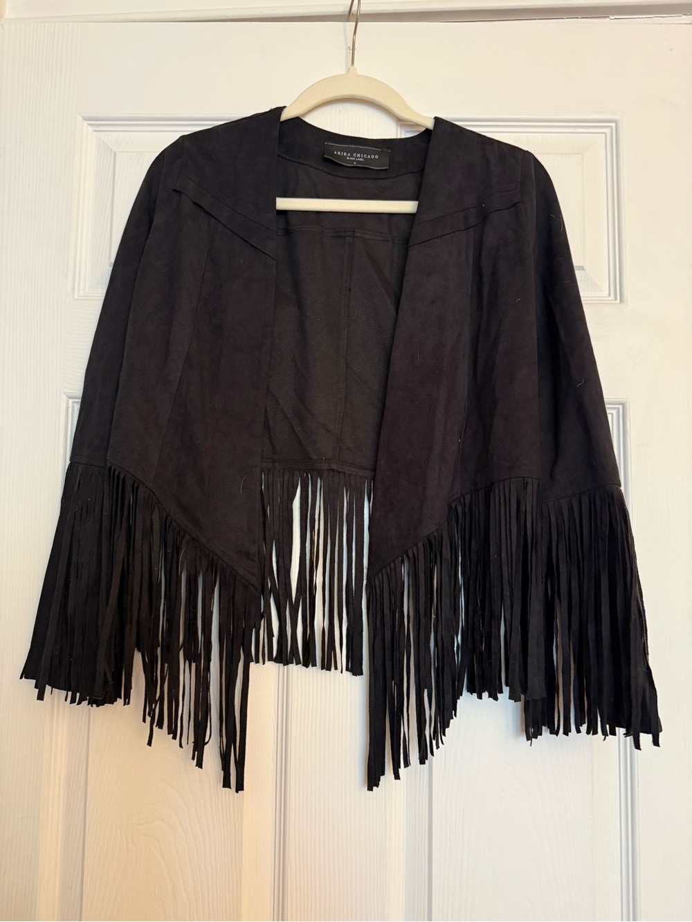 Akira Black Label Black Fringe Open Front Faux Suede Jacket